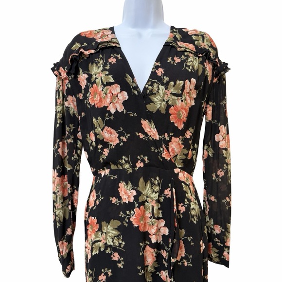 Reformation Elodie Floral Ruffle Faux Wrap Mini Dress Size 0 Black Dark Cottage - Picture 5 of 9